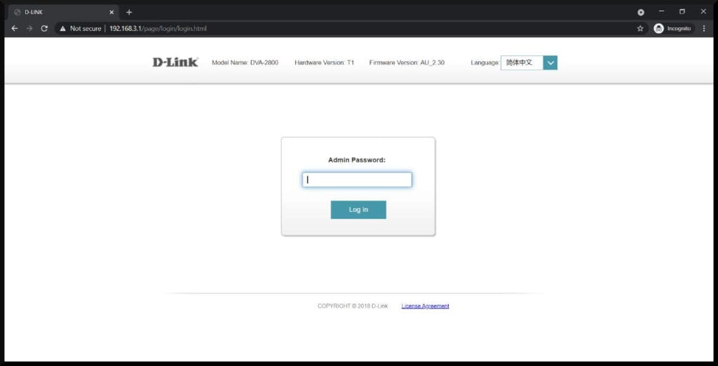 Step1 Login to D-Link DVA-2800 Configuration Portal