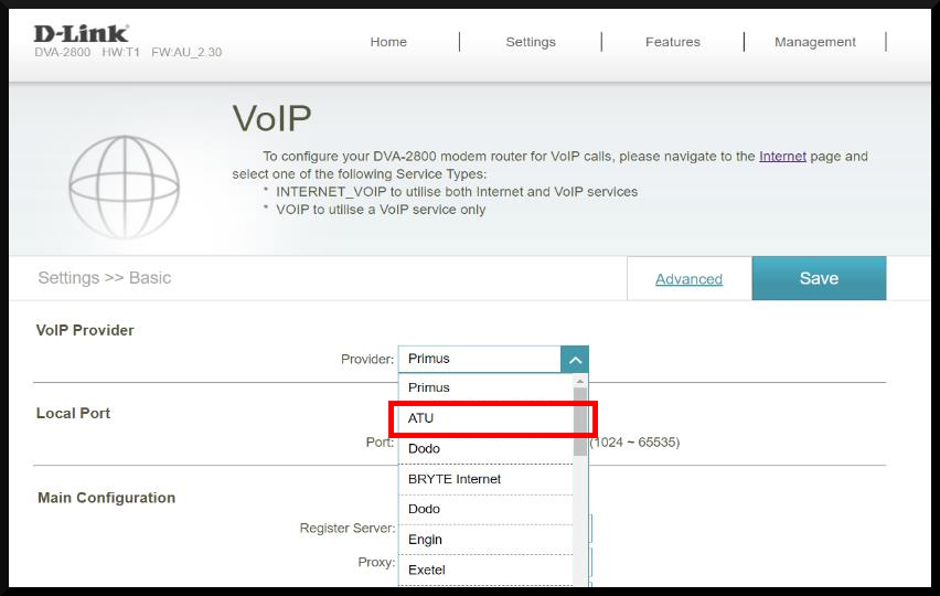 Step10 Select "ATU" in the VoIP Provider Drop-Down menu
