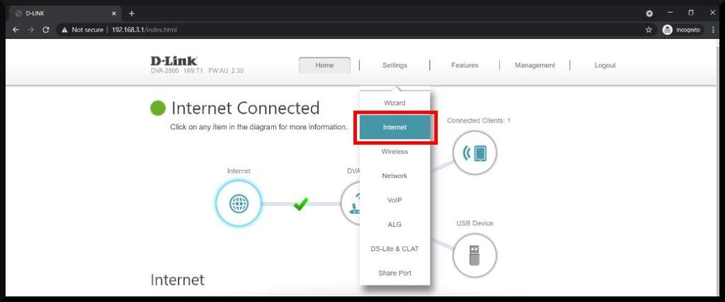 Step2 Click on the Internet option in the Settings Drop-down menu