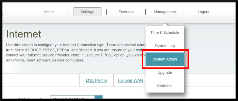 Step6 Click on System Admin in the Management Drop-Down menu