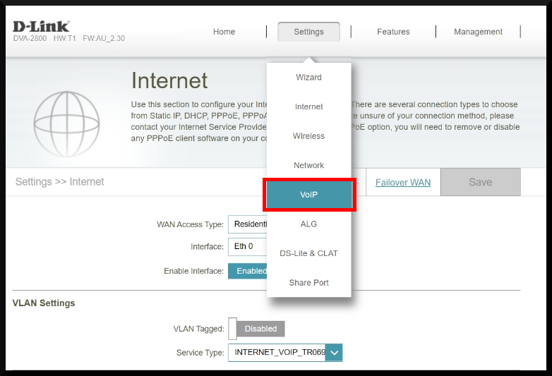 Step9 Click on VoIP in the Settings Drop-Down menu